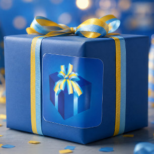 Sticker Carré Boîte-cadeau bleue avec ruban jaune et aqua