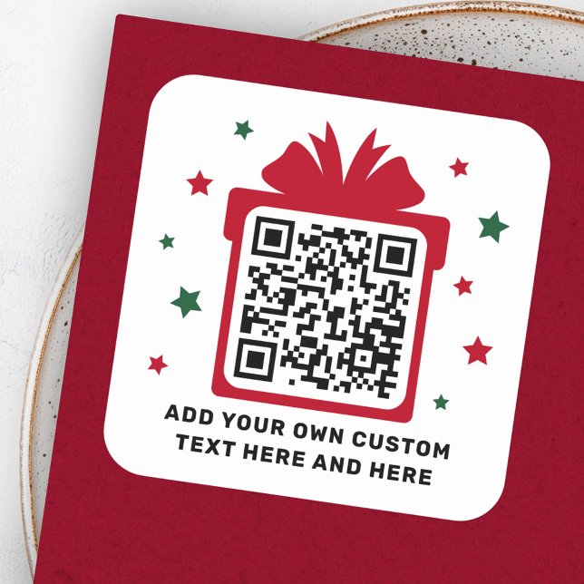 Sticker Carré Boîte cadeau de Noël avec étoiles code QR rouge bl (Christmas gift box with stars QR code red white Square Sticker)
