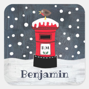 Sticker Carré Boîte postale de Noël et Robin Squa personnalisée