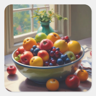 Sticker Carré Bol de fruit sur table peinture à l'huile classiqu