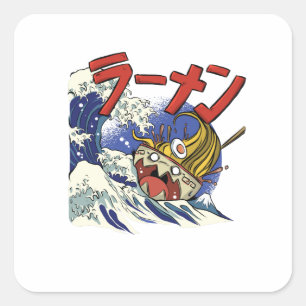 Sticker Carré Bol de ramen drôle pendant une tempête océanique