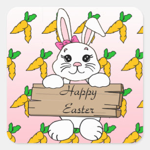 Sticker Carré Bon Pâques, Bouton lapin de Pâques