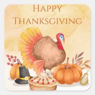 Sticker Carré Bon thanksgiving aquarelle turquie citrouilles