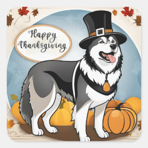 Sticker Carré Bon thanksgiving de pèlerins de chiens malamuts de