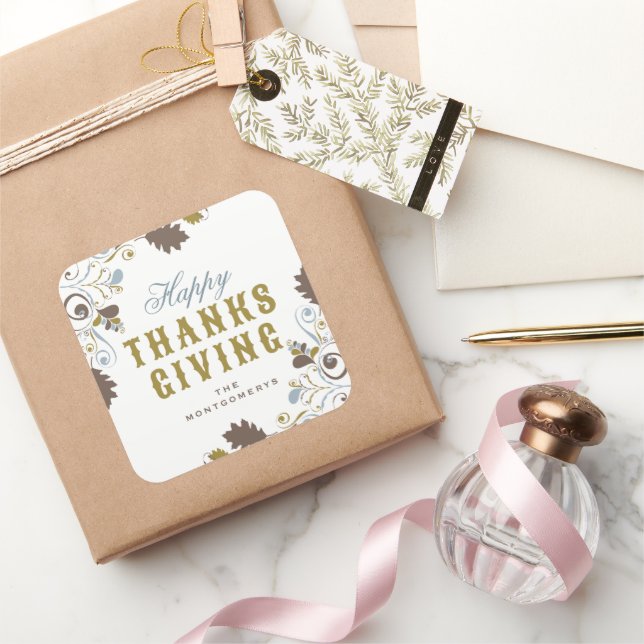 Sticker Carré Bon thanksgiving Rustique Feuilles D'Automne Et Fl (Cadeaux)