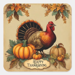 Sticker Carré Bon thanksgiving Turquie Vintage, Citrouille