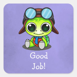Sticker Carré Bon Travail ! Cute Chibi Cartoon Turtle