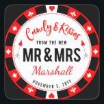 Sticker Carré Bonbons et baisers pour le nouveau M. et Mme Las V<br><div class="desc">Quelque chose de sucré pour vos invités avec un badge rond comme une puce de poker,  Las Vegas style marque. Aussi disponible imprimé sur un sac de faveur.</div>