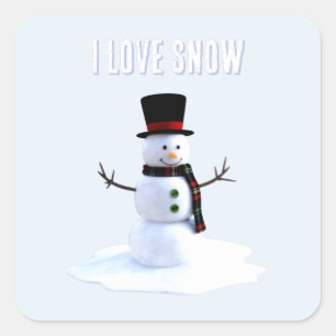 Sticker Carré Bonhomme de neige avec chapeau et écharpe. J'aime