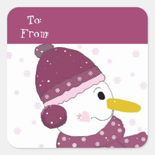 Sticker Carré Bonhomme de neige avec chapeau violet et écharpe