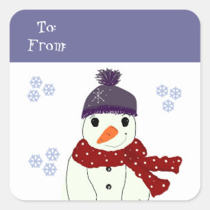 Sticker Carré Bonhomme de neige avec chapeau violet et écharpe r