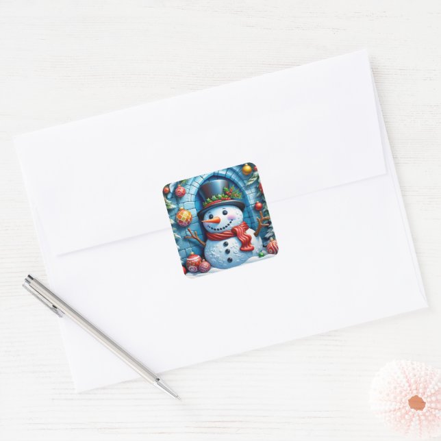 Sticker Carré Bonhomme de neige avec décor de Noël. (Enveloppe)