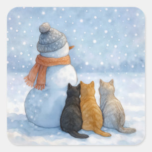 Sticker Carré Bonhomme de neige avec trois chats dans un champ e