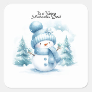 Sticker Carré Bonhomme de neige bleu Monde guimauve hivernal 