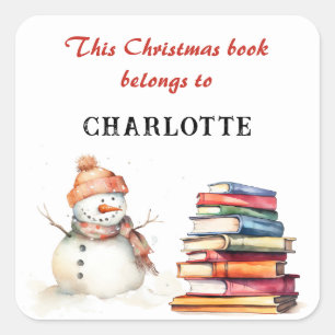 Sticker Carré Bonhomme de neige Ce livre de Noël appartient à No