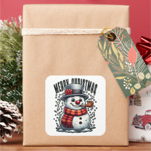 Sticker Carré Bonhomme de neige Chapeau Haut de Forme Pipe Joyeu