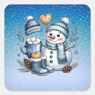 Sticker Carré Bonhomme de neige confortable d'hiver