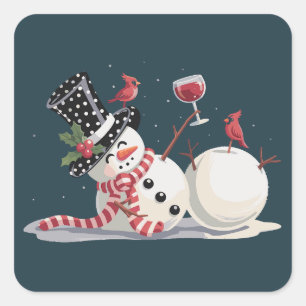 Sticker Carré Bonhomme de neige de Noël avec cadeau de vin Xmas 