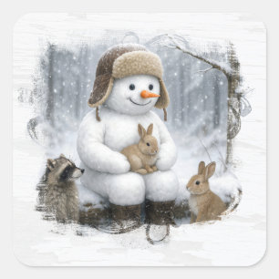 Sticker Carré Bonhomme de neige de Noël avec des amis dans les b