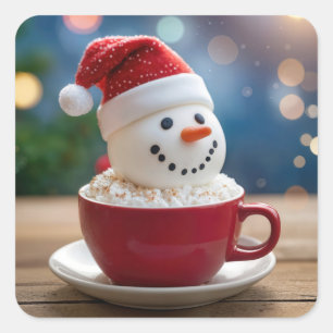 Sticker Carré Bonhomme de neige de Noël dans du cacao chaud