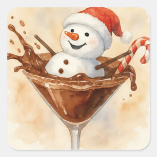 Sticker Carré Bonhomme de neige de Noël dans un Martini au Choco