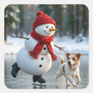 Sticker Carré Bonhomme de neige de Noël patinant avec un chien