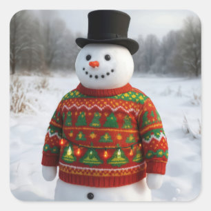 Sticker Carré Bonhomme de neige de Noël portant un pull affreux