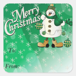 Sticker Carré Bonhomme de neige d'ornement de vert de Joyeux