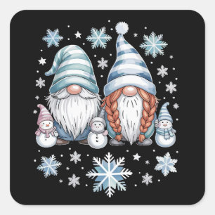 Sticker Carré Bonhomme de neige drôle Gnomies avec flocons de ne