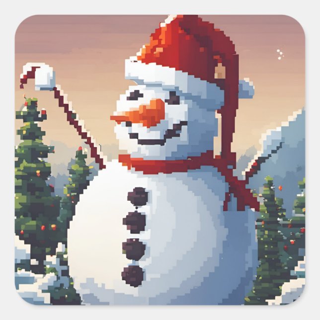 Sticker Carré Bonhomme de neige en pixel art (Devant)