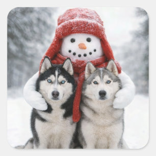 Sticker Carré Bonhomme de neige étreignant des chiens huskies si