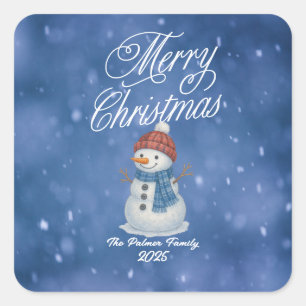 Sticker Carré Bonhomme de neige fantaisiste Joyeux Noël