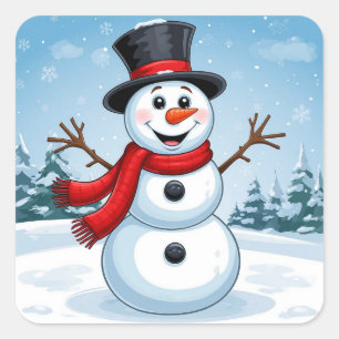 Sticker Carré Bonhomme de neige joyeux décoration de Noël vacanc