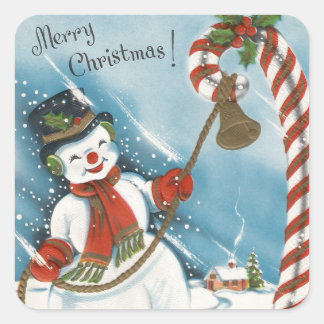 Sticker Carré Bonhomme de neige souriant Noël rétro vintage