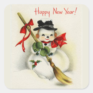 Sticker Carré Bonhomme de neige vintage de bonne année
