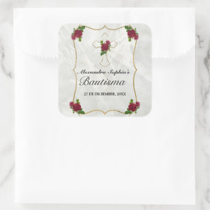 Sticker Carré Bonito bautismo de niñas con cruz de oro rosa roja