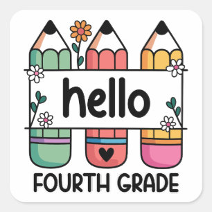 Sticker Carré Bonjour 4e année Enseignant Cute crayon