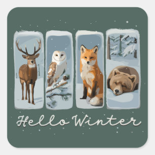 Sticker Carré Bonjour Animaux d'Hiver Cerf Hibou Renard Ours Sai