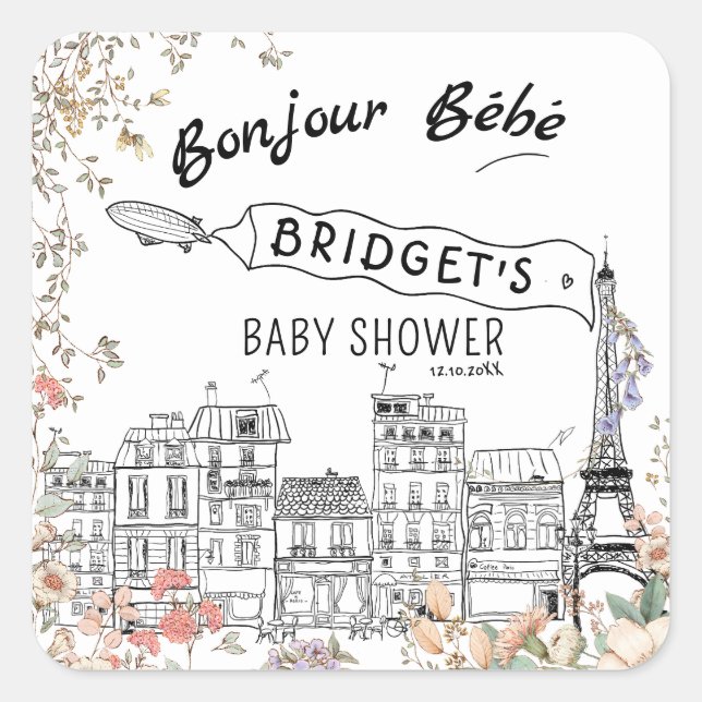 Sticker Carré Bonjour Bebe Baby shower neutre du genre (Devant)