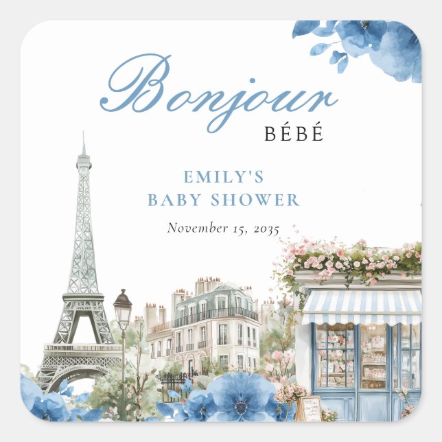 Sticker Carré Bonjour Bebe French Blue Baby Shower (Devant)