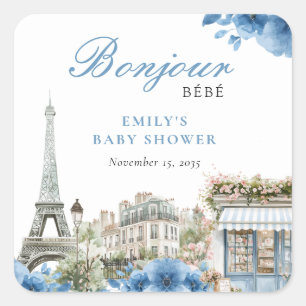 Sticker Carré Bonjour Bebe French Blue Baby Shower