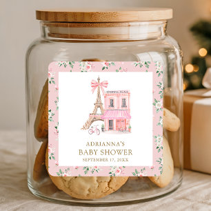 Sticker Carré Bonjour Bebe French Rose Café Parisien Baby Shower