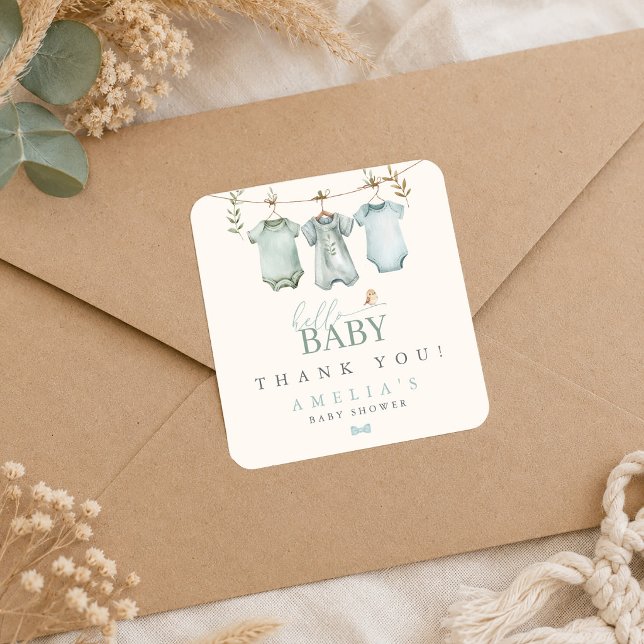 Sticker Carré Bonjour Bébé Garçon Linge à Linger Bébé Shower  (Hello Baby Boy Clothesline Baby Shower Square Sticker)