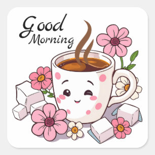 Sticker Carré Bonjour   Café Cute Kawaii