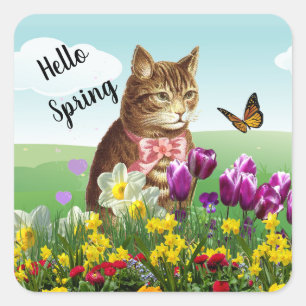Sticker Carré Bonjour Chat saisonnier Printemps dans le jardin