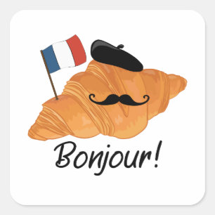 Sticker Carré Bonjour Croissant Français - France Drôle Nourritu