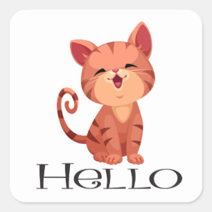 Sticker Carré Bonjour Cute Kitten Chat Orange Tabby Kitty Love