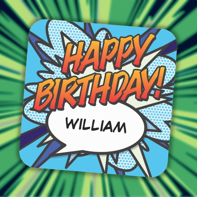 Sticker Carré BONJOUR D'ANNIVERSAIRE Bubble Fun Retro Comic Book (HAPPY BIRTHDAY Speech Bubble Fun Retro Comic Book Square Sticker)