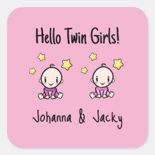 Sticker Carré Bonjour jumelles ! , Rose, Bébés jumelles personna