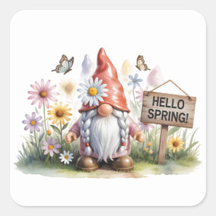 Sticker Carré Bonjour Nain de Jardin du Printemps : Joli Nain av